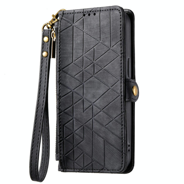 For Samsung Galaxy S21 FE Geometric Zipper Wallet Side Buckle Leatherette Phone Case(Black)