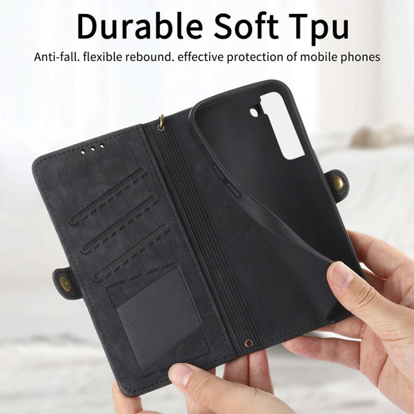 For Samsung Galaxy S22 Ultra 5G Geometric Zipper Wallet Side Buckle Leatherette Phone Case(Black)