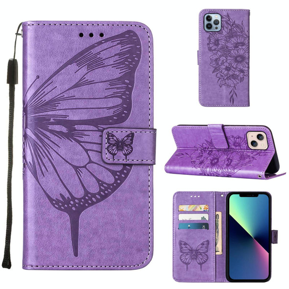 For iPhone 15 Plus Embossed Butterfly Leatherette Phone Case(Light Purple)