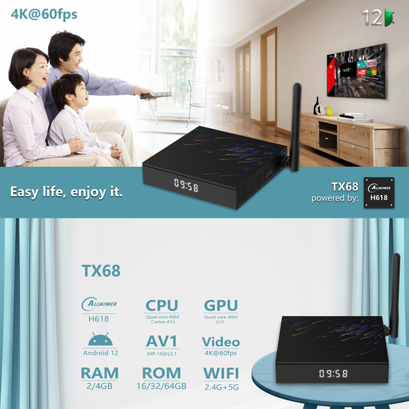 H618-TX68 Android 12.0 Allwinner H618 Quad Core Smart TV Box, Memory:4GB+32GB(UK Plug)