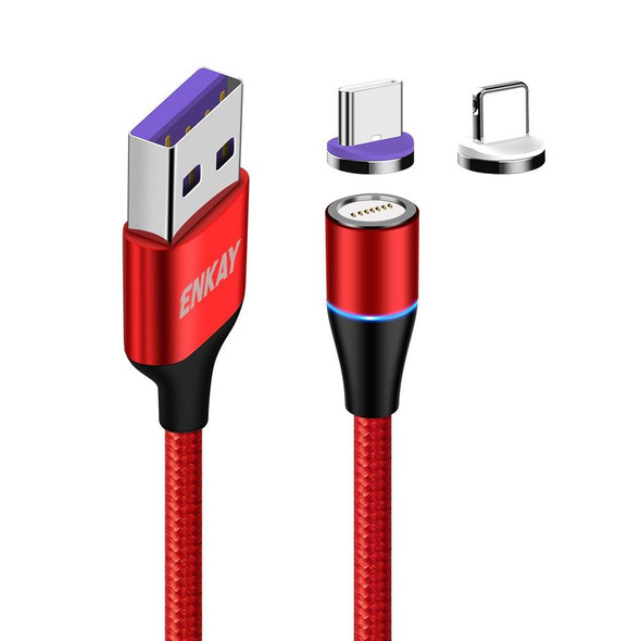 ENKAY 2 in 1 5A USB to Type-C + 8 Pin Magnetic Fast Charging Data Cable with LED Light, Length: 1m(Red)