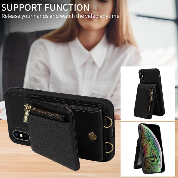 For iPhone XS Max Crossbody Lanyard Zipper Wallet Leatherette Phone Case(Black)