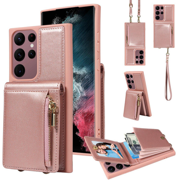 For Samsung Galaxy S22 Ultra 5G Crossbody Lanyard Zipper Wallet Leatherette Phone Case(Rose Gold)