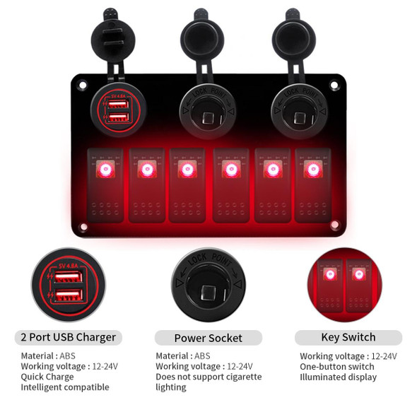 Multi-functional Combination Switch Panel 12V / 24V 6 Way Switches + Dual USB Charger for Car RV Marine Boat (Red Light)