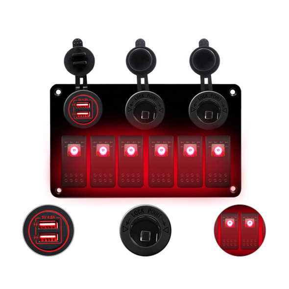 Multi-functional Combination Switch Panel 12V / 24V 6 Way Switches + Dual USB Charger for Car RV Marine Boat (Red Light)