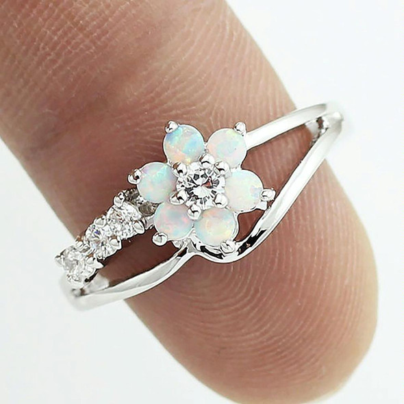 925 Silver Women Opal Flower Ring Jewelry, Ring Size:9(White)