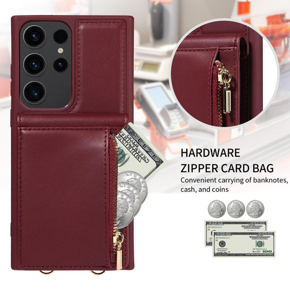 For Samsung Galaxy S23 Ultra 5G Crossbody Lanyard Zipper Wallet Leatherette Phone Case(Wine Red)