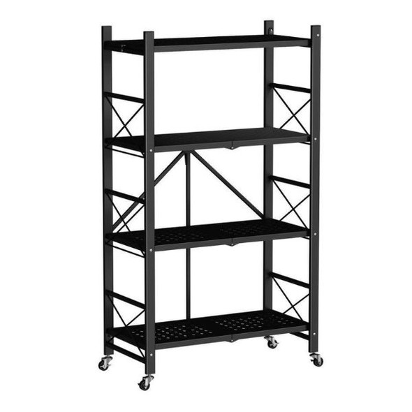 4 Tier Black Metal Storage Rack with Wheels - Easy Assembly