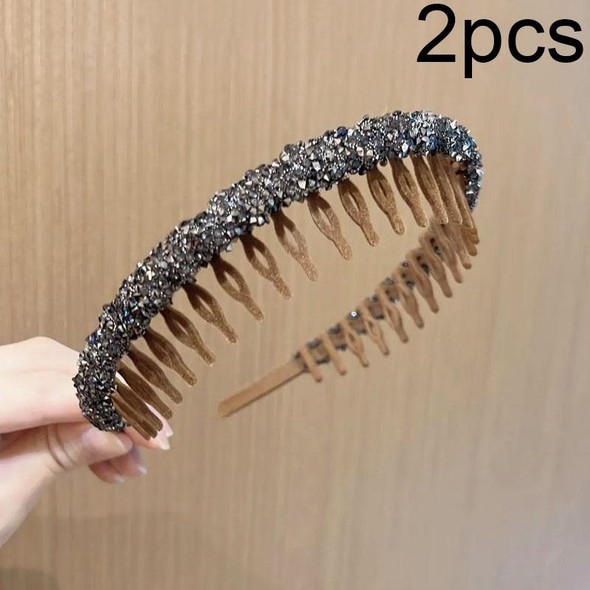 2pcs Acrylic Hair Accessories Flocking Cloth Rhinestone Wave Non-slip Headband with Comb Teeth(Coffee)