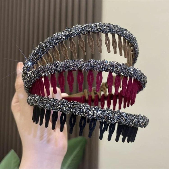 2pcs Acrylic Hair Accessories Flocking Cloth Rhinestone Wave Non-slip Headband with Comb Teeth(Black)