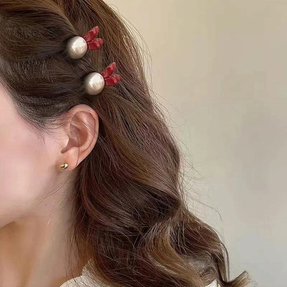 2pcs Mini Pearl Hair Clip Side Princess Hair Clip Cute Rabbit Ears Small Grip(Red Red)