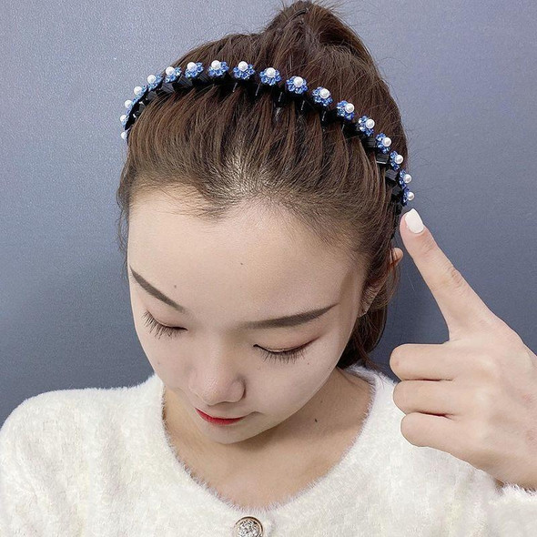 2pcs Pearl Rhinestone Wavy Headband Thin Edge Non-slip Clip Headgear(4 Royal Blue)