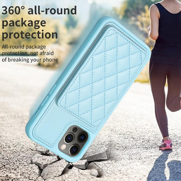 For iPhone 12 / 12 Pro BF25 Square Plaid Card Bag Holder Phone Case(Blue)