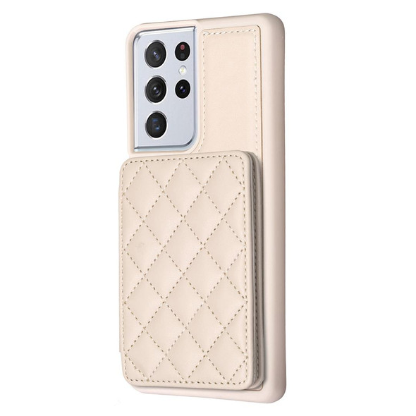 For Samsung Galaxy S21 Ultra 5G BF25 Square Plaid Card Bag Holder Phone Case(Beige)