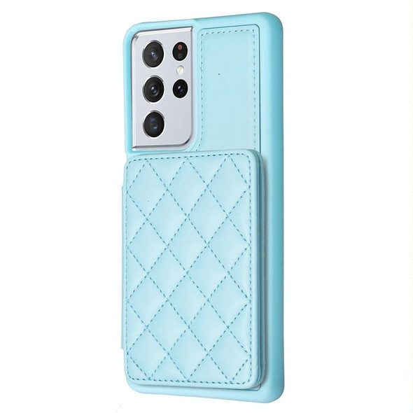 For Samsung Galaxy S21 Ultra 5G BF25 Square Plaid Card Bag Holder Phone Case(Blue)