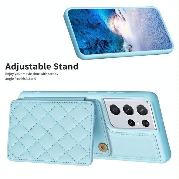 For Samsung Galaxy S21 Ultra 5G BF25 Square Plaid Card Bag Holder Phone Case(Blue)