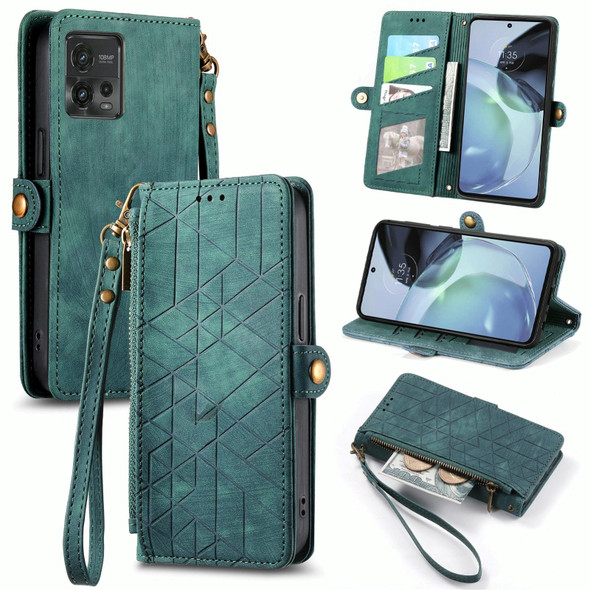 For Motorola Moto G62 Geometric Zipper Wallet Side Buckle Leatherette Phone Case(Green)