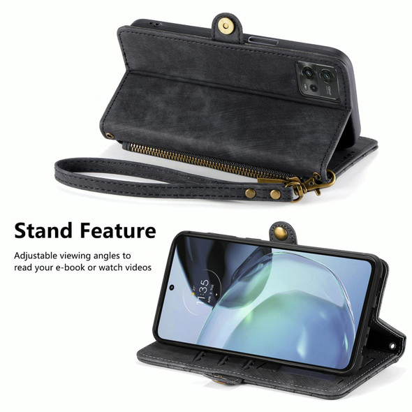 For Motorola Moto G62 Geometric Zipper Wallet Side Buckle Leatherette Phone Case(Black)