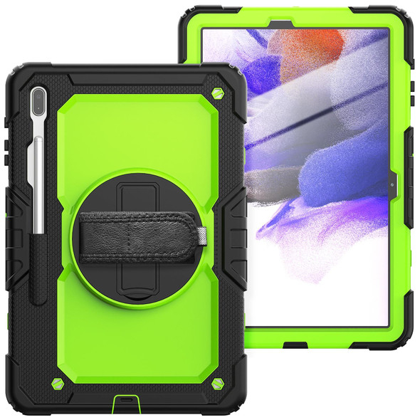 Samsung Galaxy Tab S7 FE 12.4 inch 2021 SM-T730 / SM-T736B Shockproof Colorful Silicone + PC Protective Case with Holder & Shoulder Strap & Hand Strap & Pen Slot(Lime PC+Black)