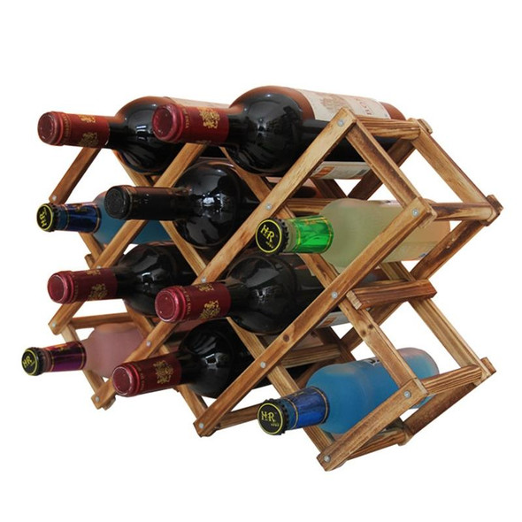 10 Bottles Racks Foldable Wine Stand Wooden Wine Holder Kitchen Bar Display Shelf(Carbon Baking)
