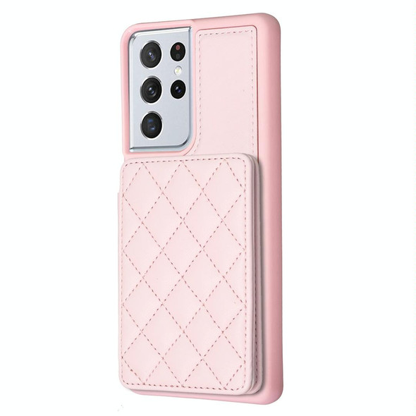 For Samsung Galaxy S21 Ultra 5G BF25 Square Plaid Card Bag Holder Phone Case(Pink)