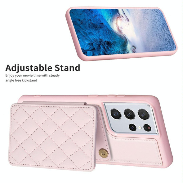 For Samsung Galaxy S21 Ultra 5G BF25 Square Plaid Card Bag Holder Phone Case(Pink)