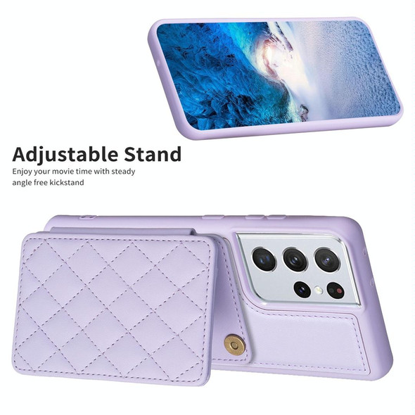 For Samsung Galaxy S21 Ultra 5G BF25 Square Plaid Card Bag Holder Phone Case(Purple)