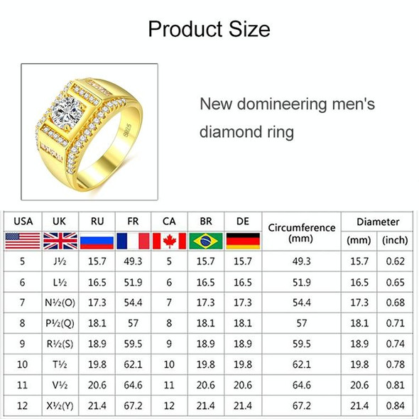 Fashion New Style Gold Plated + AAA Zircon Inlaid Rhinestone Men Diamond Ring, Size: 8, Diameter: 18.1mm, Perimeter: 57mm