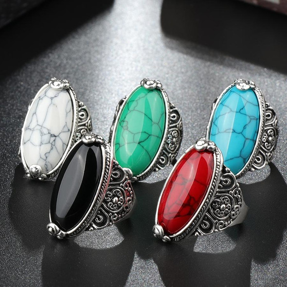Fashion Vintage Oval Turquoise Flower Ring Women Antique Silver Jewelry, Ring Size:10(White)