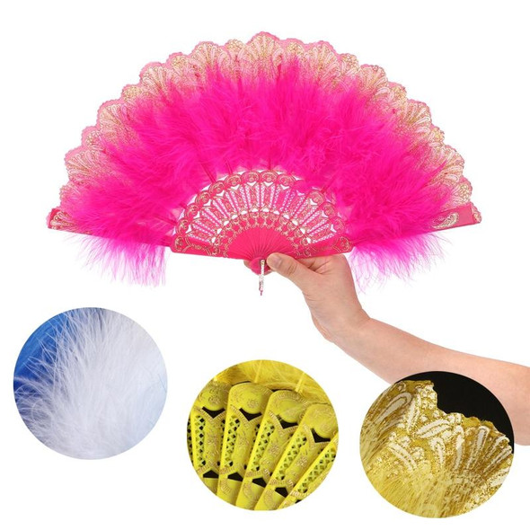 Vintage Style Flapper Hand Fan Embroidered Flower Marabou Feather Fan(Rose Red)