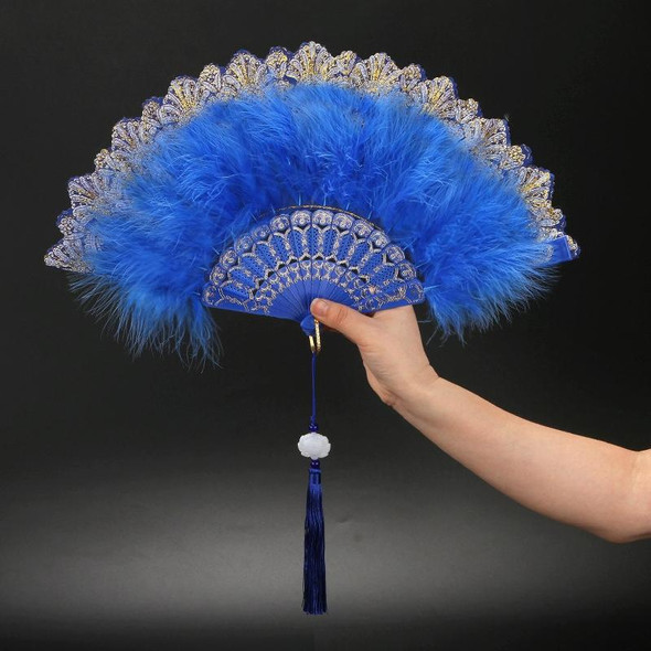 Vintage Style Flapper Hand Fan Embroidered Flower Marabou Feather Fan(Lake Blue)