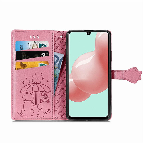 For Galaxy A41 Cute Cat and Dog Embossed Horizontal Flip Leatherette Case with Bracket / Card Slot / Wallet / Lanyard(Pink)