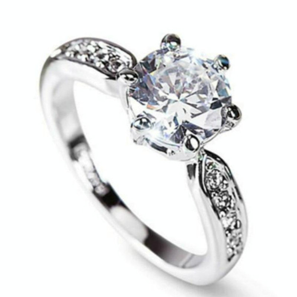 Female Classic Crystal Six-Claw Diamond Ring Wedding Ring, Ring Size:8(White Gold)