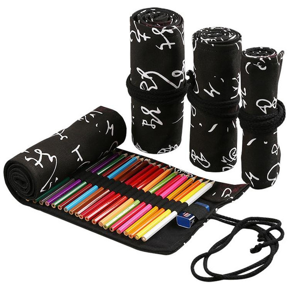 Calligraphy Cute Canvas Roll School Pencil Case Pencilcase Student Pen Bag Stationery Pouch Supplies(36 Holes)