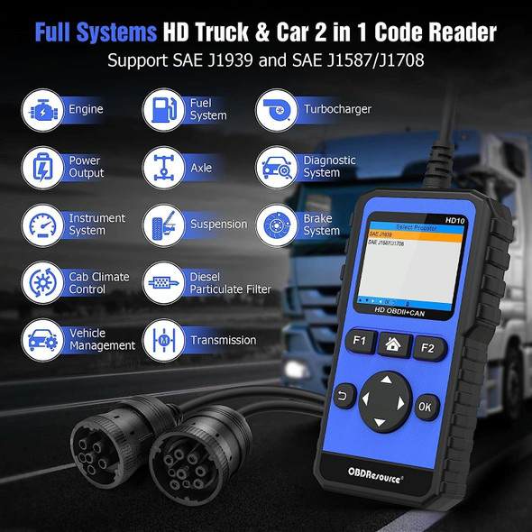 HD10 12V-24V 2 in 1 Full Systems Diagnostic Scan Tool OBD2/HDOBD/EOBD Scanner