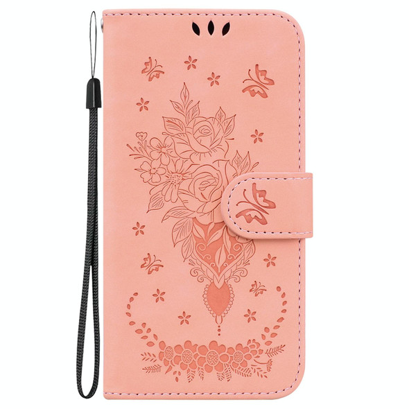 For iPhone 15 Pro Butterfly Rose Embossed Leatherette Phone Case(Pink)