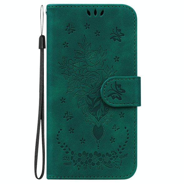 For iPhone 14 Pro Butterfly Rose Embossed Leatherette Phone Case(Green)