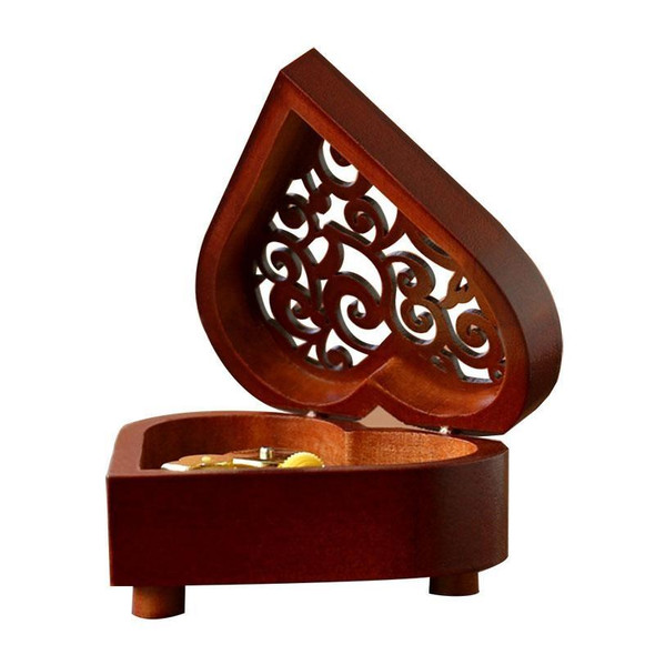 2 PCS Creative Heart Shaped Vintage Wood Carved Mechanism Musical Box Wind Up Music Box Gift, Golden Movement(Spirited Away)