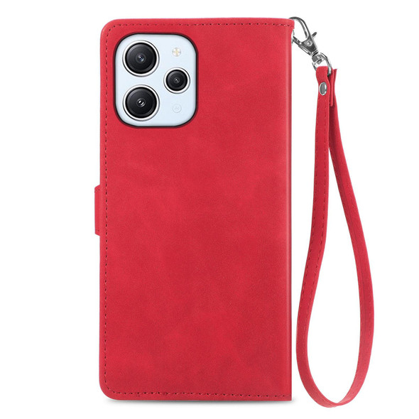 For Xiaomi Redmi 12 Embossed Flower Zipper Leather Phone Case(Red)
