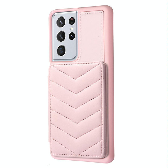 For Samsung Galaxy S21 Ultra 5G BF26 Wave Pattern Card Bag Holder Phone Case(Pink)