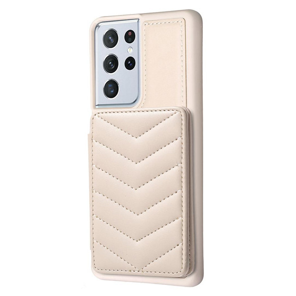 For Samsung Galaxy S21 Ultra 5G BF26 Wave Pattern Card Bag Holder Phone Case(Beige)