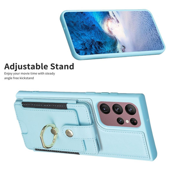 For Samsung Galaxy S22 Ultra 5G BF27 Metal Ring Card Bag Holder Phone Case(Blue)