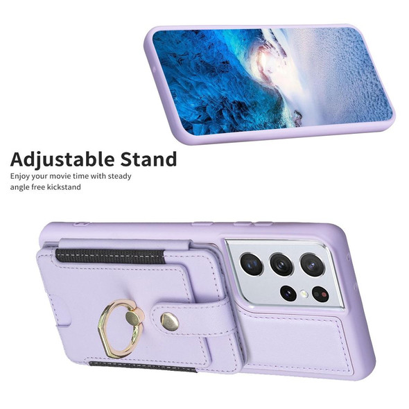 For Samsung Galaxy S21 Ultra 5G BF27 Metal Ring Card Bag Holder Phone Case(Purple)