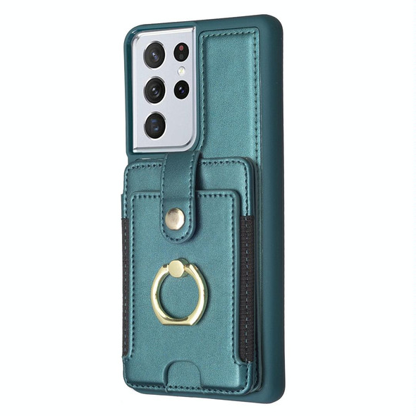 For Samsung Galaxy S21 Ultra 5G BF27 Metal Ring Card Bag Holder Phone Case(Green)