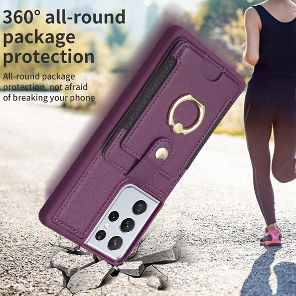 For Samsung Galaxy S21 Ultra 5G BF27 Metal Ring Card Bag Holder Phone Case(Dark Purple)