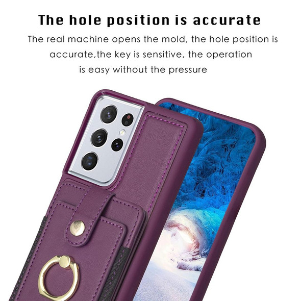 For Samsung Galaxy S21 Ultra 5G BF27 Metal Ring Card Bag Holder Phone Case(Dark Purple)