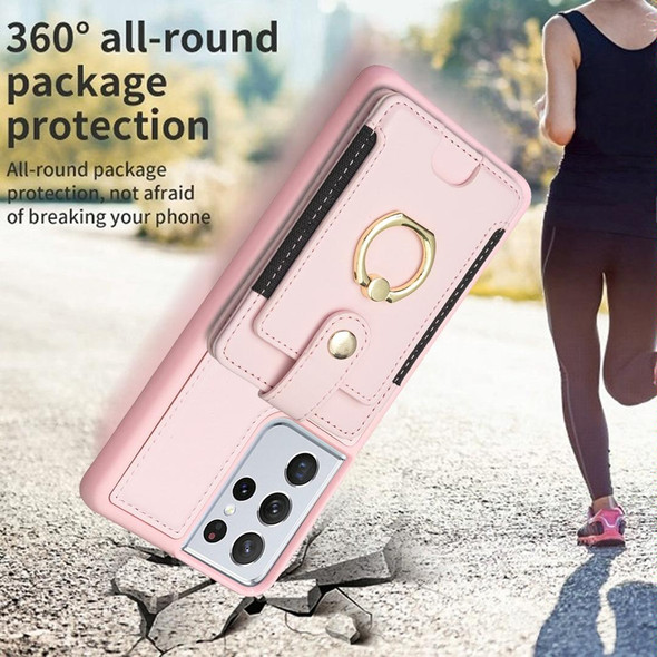 For Samsung Galaxy S21 Ultra 5G BF27 Metal Ring Card Bag Holder Phone Case(Pink)