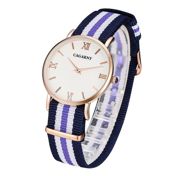 CAGARNY 6813 Fashionable Ultra Thin Rose Gold Case Quartz Wrist Watch with 5 Stripes Nylon Band for Women(Blue)