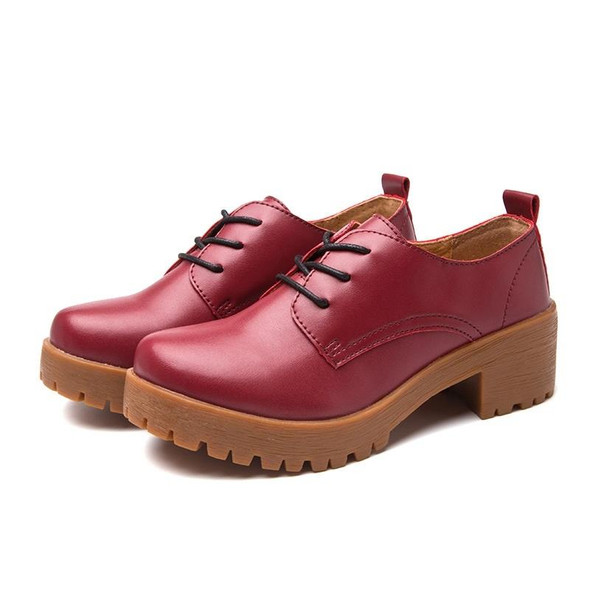 Round Head Thick Heel College Wind Style Microfiber Leather Shoes Casual Shoes for Women (Color:Red Size:35)