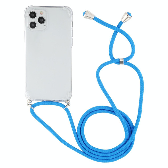 For iPhone 15 Four-Corner Shockproof Transparent TPU Case with Lanyard(Blue)